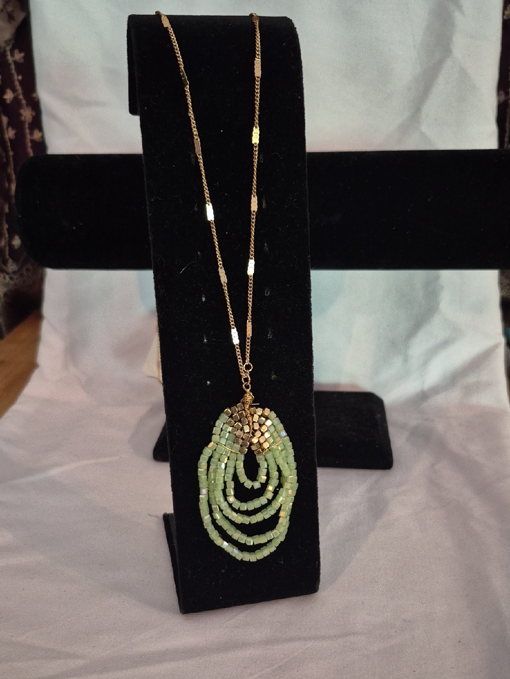 Gold Chain Necklace with Light Green Beaded Pendant